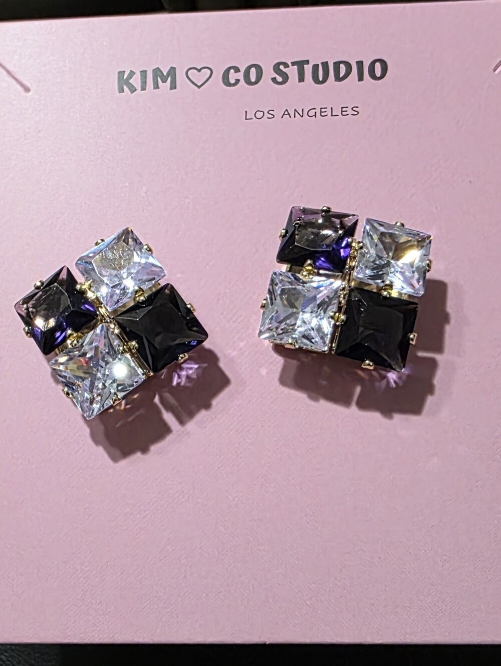 BEAUTIFUL 925 18K GOLD PLATED PURPLE & Clear Cubic Zirconia Square Earrings
